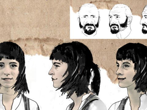 tres vistas de un personaje en el taller de cómi e ilustración