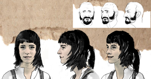 tres vistas de un personaje en el taller de cómi e ilustración