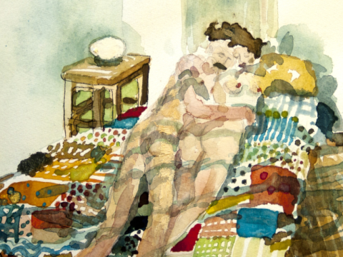 pintura de María Meijide que presenta a dos amantes en la cama